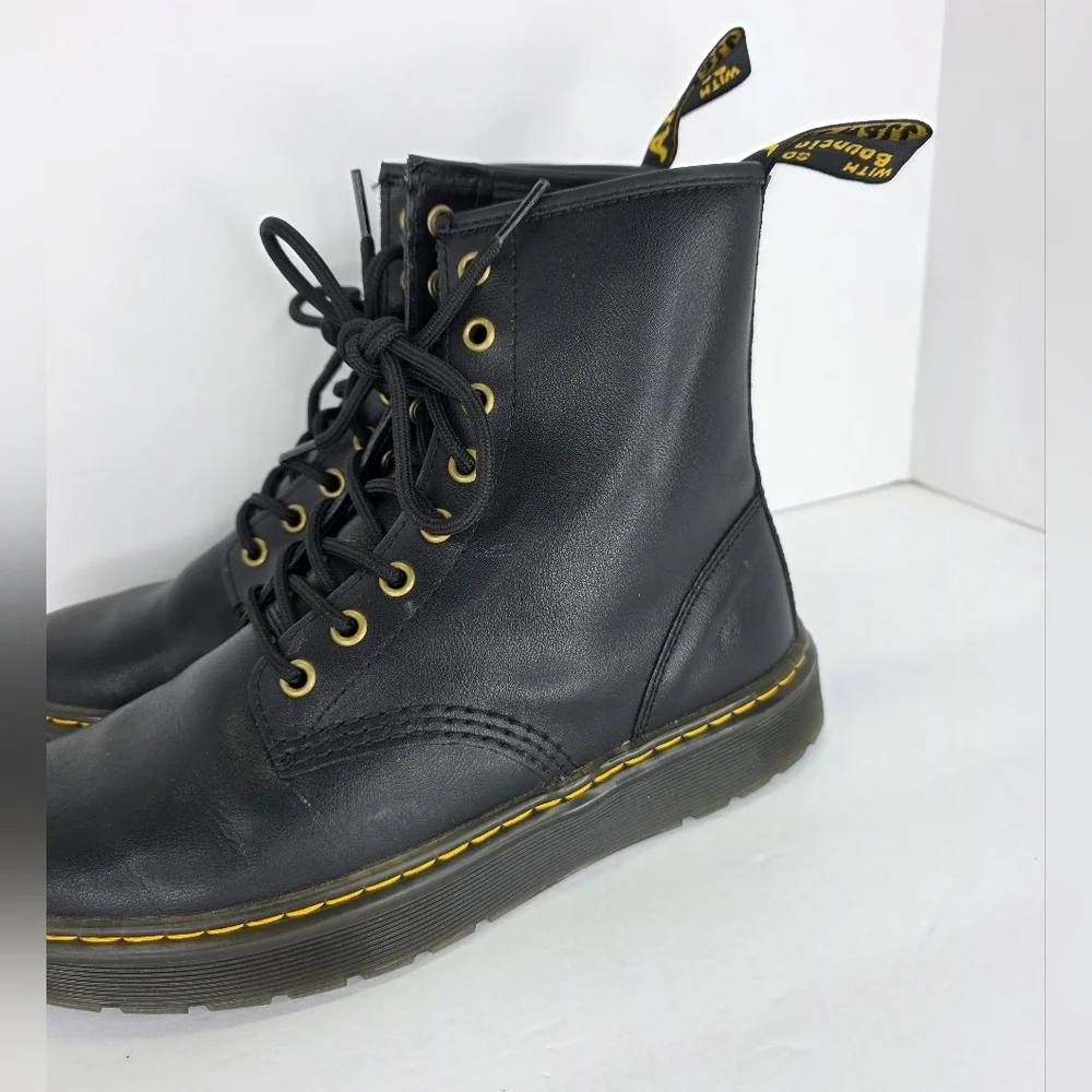 Dr. Martens Zavala Combat Boots Unisex Black Leather Yellow Stitching Size M7 W8 - Picture 4 of 16